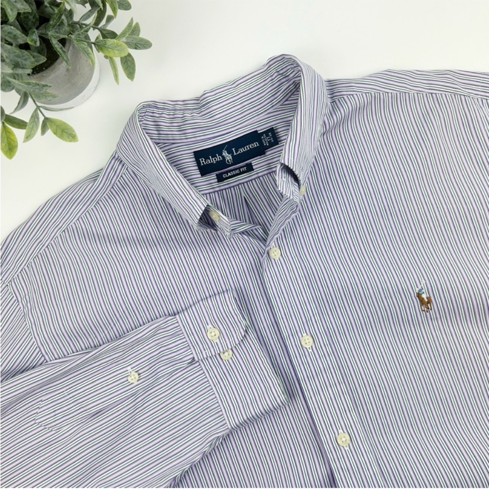 Ralph Lauren Classic Fit Button Down Size 17 100% Cotton Purple & Green Striped